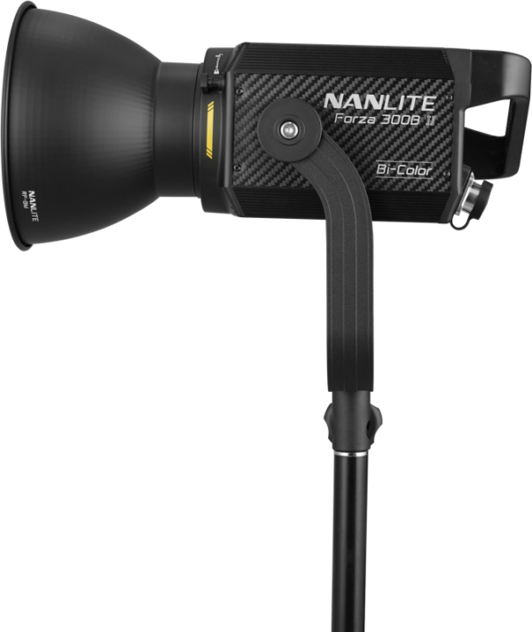 NANLITE Forza 300B II Bicolor LED Spot Light, mounted on a black stand and viewed from the side against a plain background.