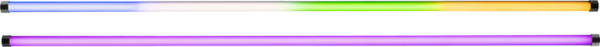 NANLITE PavoTube II 60XR 2KIT-S LED-putkivalot: yläputki häipyy sinisestä valkoiseen, vihreästä keltaiseen, kun taas alaosa on kiinteä violetti. Molemmissa on mustat päätykappaleet.