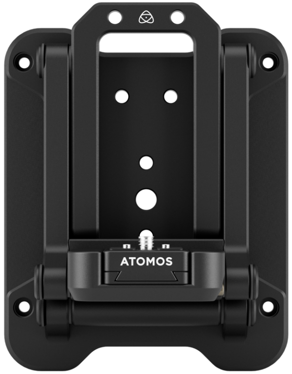 800q-02_125019 The ATOMOS Z-Mount is a black camera mounting plate with multiple screw holes and a central knob, designed to securely mount camera equipment to a variety of surfaces.
