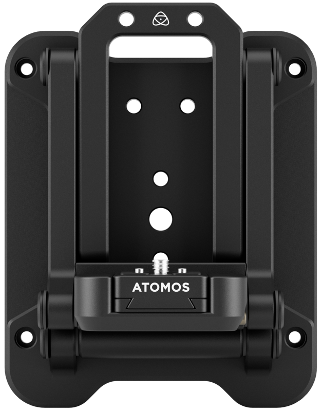 800q-02_125019 The ATOMOS Z-Mount is a black camera mounting plate with multiple screw holes and a central knob, designed to securely mount camera equipment to a variety of surfaces.