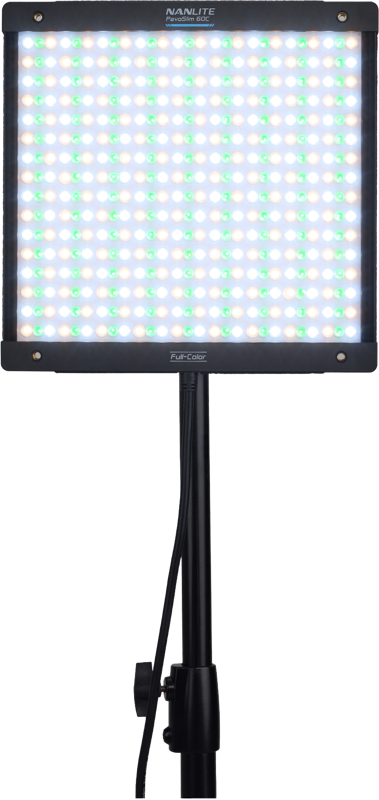 The NANLITE PavoSlim 60C RGBWW LED panel is a rectangular light with blue, green and white LED lights mounted on a black adjustable stand with power cord.
