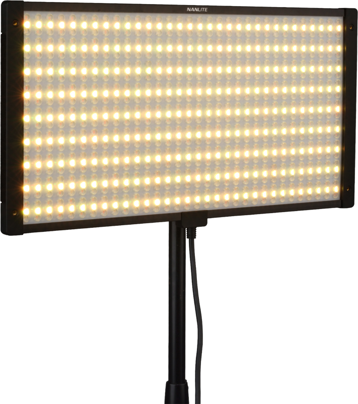 The NANLITE PavoSlim 120C RGBWW LED panel, mounted on a black stand, displays rows of illuminated warm and cool white LED lights, with the power cord hanging down.