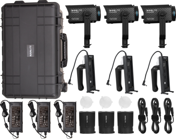 The NANLITE Forza 60C RGBLAC LED 3 Light Kit includes three LED lights, handles, power supplies, cables, round diffusers and a housing, all neatly arranged on a white background.