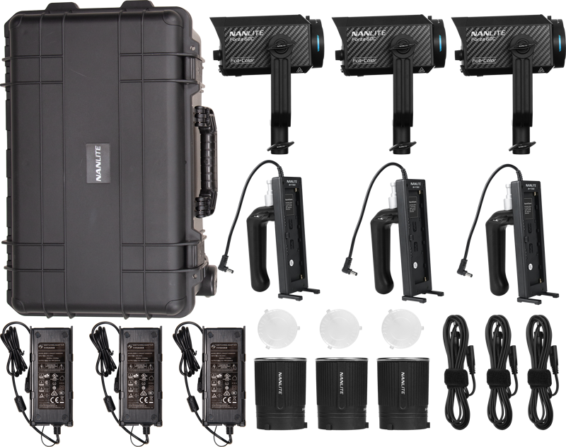 The NANLITE Forza 60C RGBLAC LED 3 Light Kit includes three LED lights, handles, power supplies, cables, round diffusers and a housing, all neatly arranged on a white background.