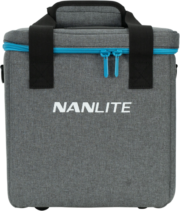 800q-03_117089 The NANLITE PavoTube II 6C Kit is a grey fabric case with black handles, blue zippers and "NANLITE" printed in white on the front.