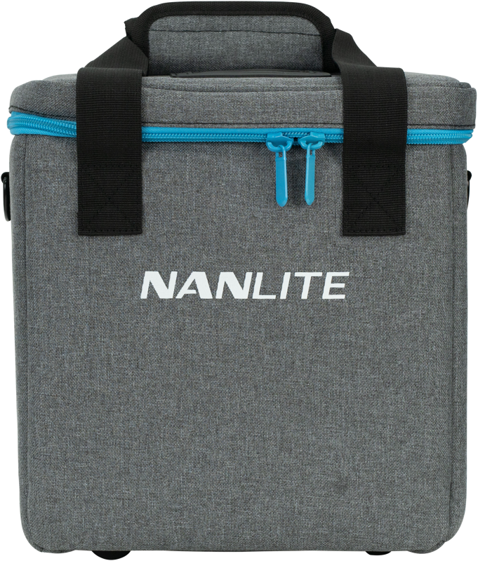 800q-03_117089 The NANLITE PavoTube II 6C Kit is a grey fabric case with black handles, blue zippers and "NANLITE" printed in white on the front.