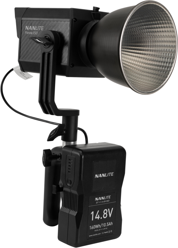The NANLITE V Mount battery handle with 4-pin XLR connector powers the Forza 150 LED video light with large reflector, which is mounted on the handle and uses a 14.8 V 160 Wh battery.