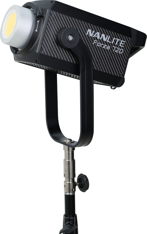 NANLITE Forza 720 LED Spot luminaire with trolley housing, black carbon fibre body and circular LED panel mounted on a black adjustable stand.
