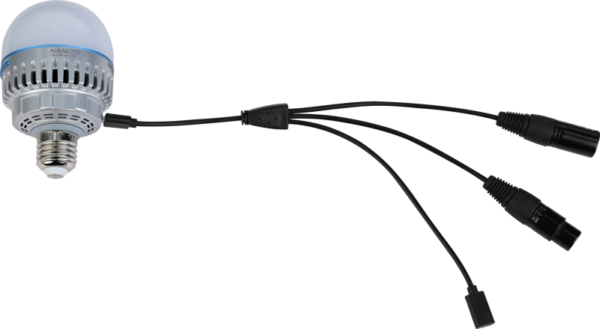 The NANLITE USB-C to DMX Cable Splitter is a cable with three black connectors designed to integrate other electronic devices.