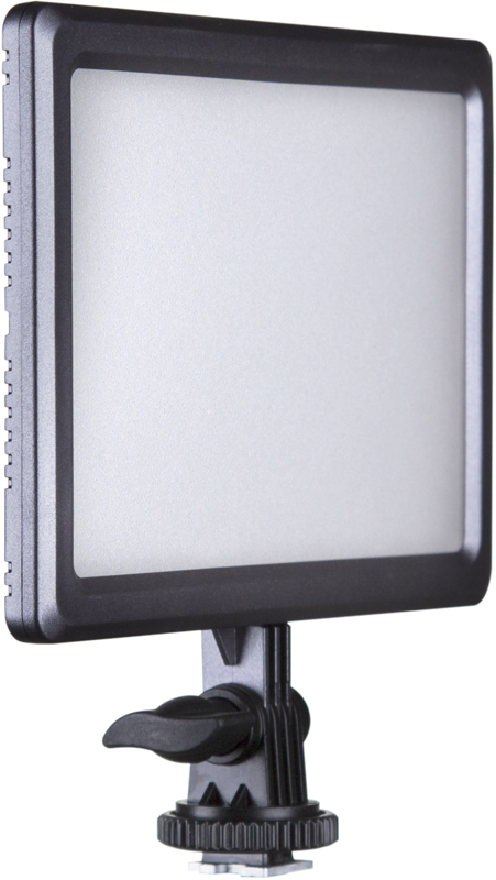 NANLITE LumiPad 11 - LED-valo on suorakaiteen muotoinen paneelivalaisin, jossa on himmeä etupuoli ja joka on kiinnitetty säädettävään kääntyvään kiinnikkeeseen, jossa on kiristysnuppi, kuvattuna tavallista taustaa vasten.