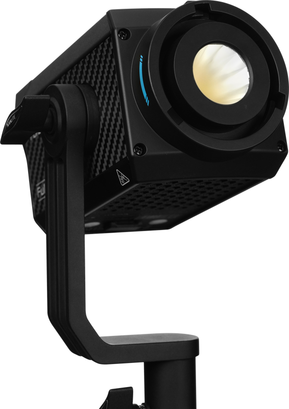 Close-up NANLITE Forza 60C RGBLAC LED 3 Light Kit - a black modern LED spotlight with a visible lens, adjustable stand, textured housing and blue accents for a contemporary look.