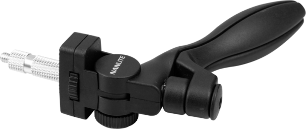 The NANLITE Floor Stand for Tube Light T8 is a black bracket with a textured silver-coloured screw handle, designed for mounting or fixing tube lights, shown against a plain light background.