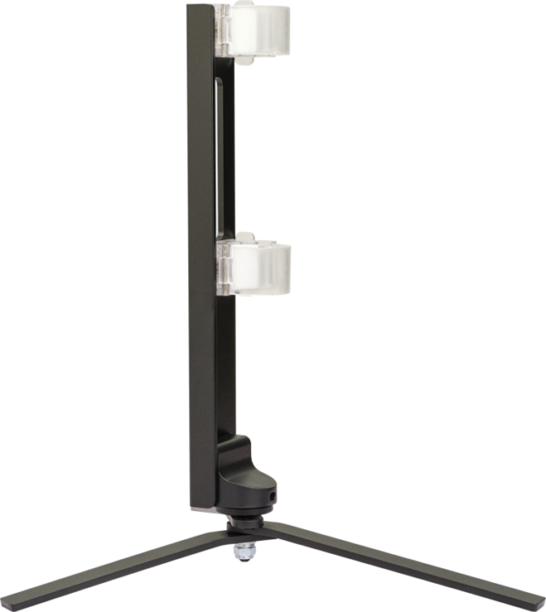 Side view of the NANLITE Floor Stand for Tube Light T12, which is a black vertical stand with two transparent round brackets, on a tripod-type base against a white background.