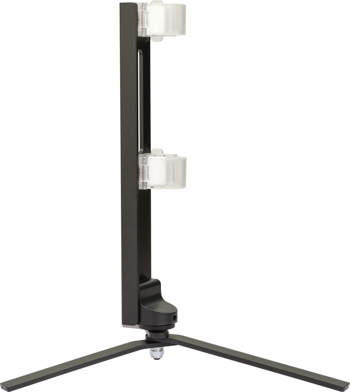 Side view of the NANLITE Floor Stand for Tube Light T12, which is a black vertical stand with two transparent round brackets, on a tripod-type base against a white background.