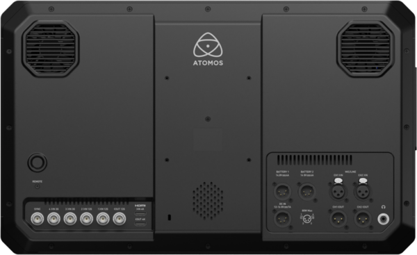 ATOMOS Sumo19 SE:n takanäkymä, jossa näkyvät HDMI-portit, XLR-ääniliittimet, virtatulot ja tuuletusritilät molemmilla sivuilla.