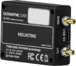 The black ATOMOS UltraSync One has SYNC, USB 5V and LTC side ports and a white front label with mounting and technical information.