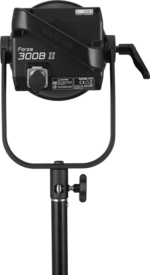The NANLITE Forza 300B II Bicolor LED Spot Light is mounted on a black stand, viewed from the rear, with the control knobs, labels and handle visible against a plain background.