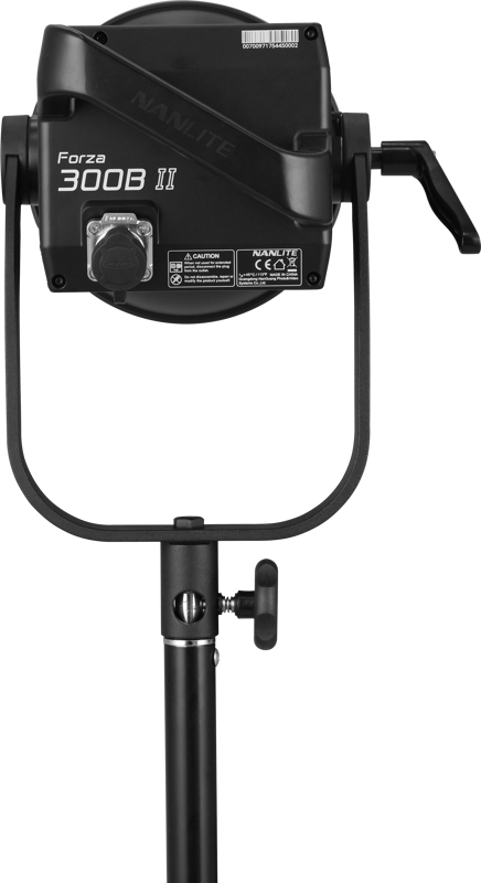 The NANLITE Forza 300B II Bicolor LED Spot Light is mounted on a black stand, viewed from the rear, with the control knobs, labels and handle visible against a plain background.