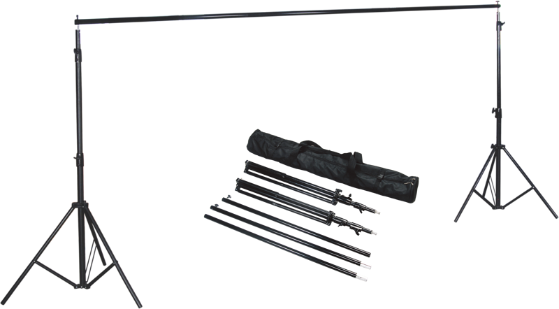 NANLITE Background Support Kit sisältää kaksi kolmijalkaa, useita liitostolppia ja mustan kantolaukun, kaikki kuvassa valkoisella pohjalla.
