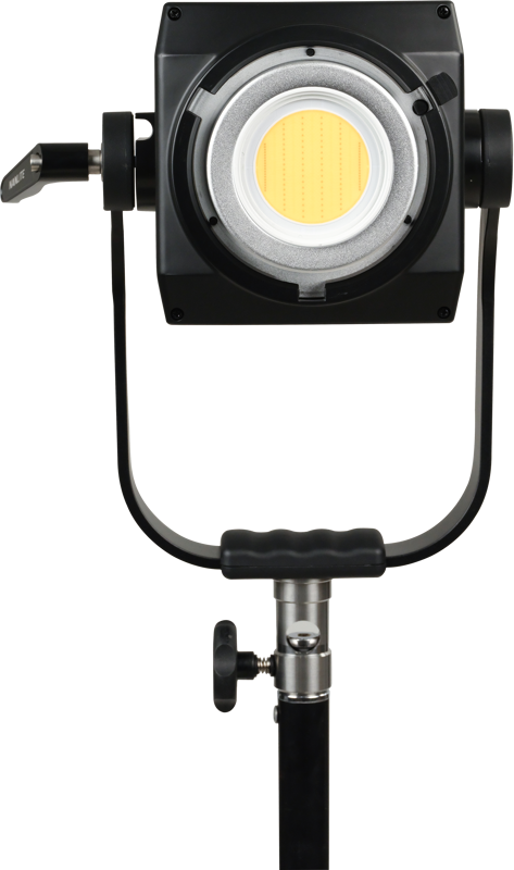 The NANLITE Forza 500 II Daylight LED Spot Light has a round yellow centre and is mounted on a black base with adjustable knobs.