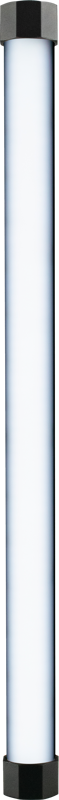 NANLITE PavoTube II 15XR 1KIT on korkea, sylinterinmuotoinen valkoinen LED-valoputki, jossa on mustat päätykappaleet ja joka näkyy pystysuorassa valkoista taustaa vasten.