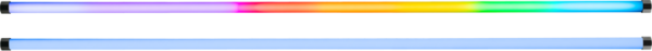 NANLITE PavoTube II 60XR 2KIT-S LED-putkivalaisimessa on kaksi vaakasuoraa putkea: toinen näyttää violetin, oranssin, keltaisen, vihreän ja sinisen sävyjä; toinen antaa tasaisesti vaaleansinistä valoa. Molemmissa on mustat päädyt.