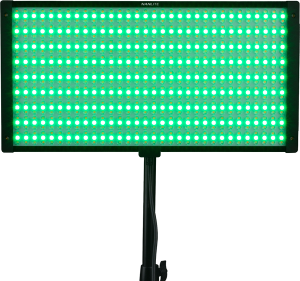 The NANLITE PavoSlim 120C RGBWW LED panel, mounted on a pedestal, emits a bright green glow from evenly spaced LEDs.
