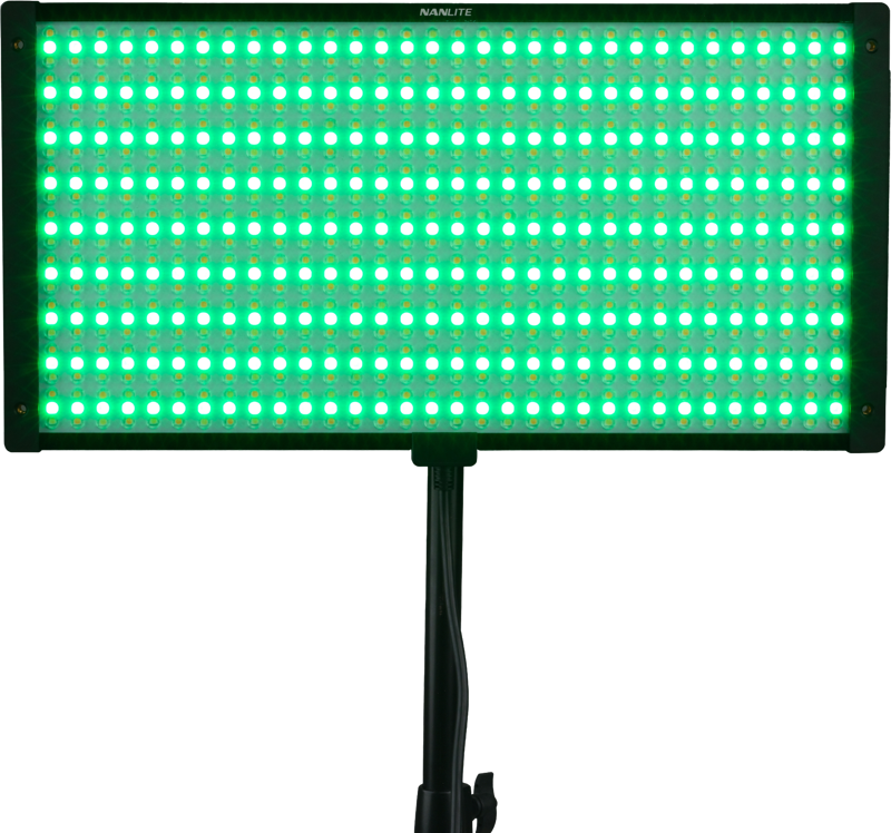 The NANLITE PavoSlim 120C RGBWW LED panel, mounted on a pedestal, emits a bright green glow from evenly spaced LEDs.