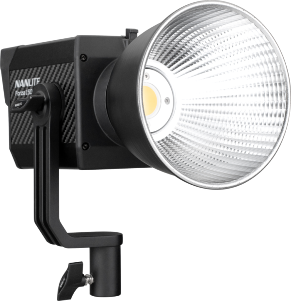 NANLITE Forza 150 & Lantern softbox 60cm FM Mount LED-valolla, jossa on musta runko, ohjauspaneeli ja kulma-asennusteline.