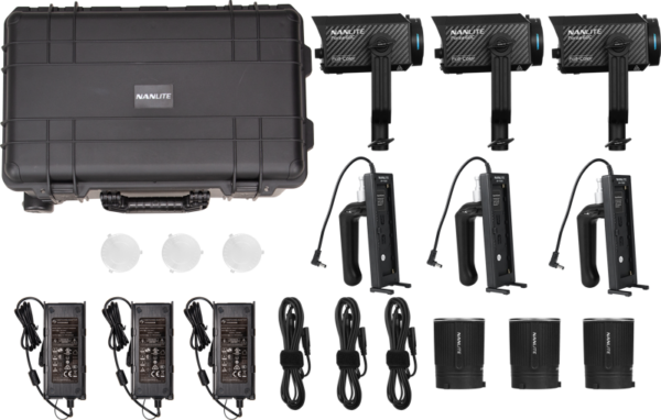 NANLITE Forza 60C RGBLAC Led 3 Light Kit (LED light) with hard housing, three LED heads, handles, power adapters, cables, cylindrical diffusers and two white dome diffusers, shown on a white background.
