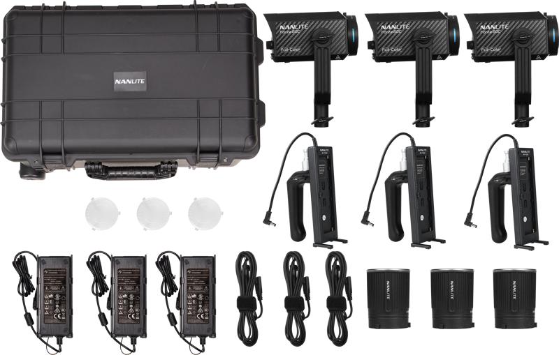 NANLITE Forza 60C RGBLAC Led 3 Light Kit (LED light) with hard housing, three LED heads, handles, power adapters, cables, cylindrical diffusers and two white dome diffusers, shown on a white background.