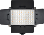 NANLITE Barndoor for Mixpad II 11C näkyy edestä, ja siinä on säädettävät mustat lato-ovet, jotka ympäröivät suorakulmaista LED-paneelia, jossa on useita pieniä lamppuja, tavallista taustaa vasten.