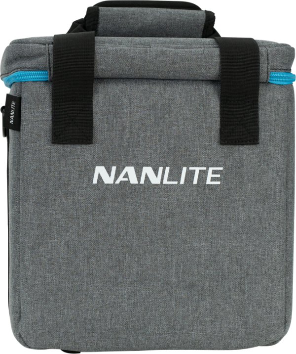 800q-04_117089 The NANLITE PavoTube II 6C Kit is a grey rectangular case with a blue zipper, black handles and the NANLITE logo in white on the front.
