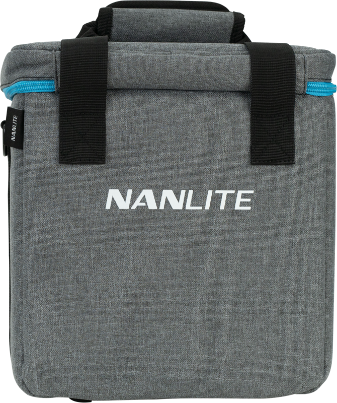 800q-04_117089 The NANLITE PavoTube II 6C Kit is a grey rectangular case with a blue zipper, black handles and the NANLITE logo in white on the front.