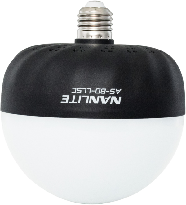 Round LED NANLITE Bulb Diffuser for LitoLite 5C with black top, white bottom and AS-BD-LLC model printed upside down on the black part.