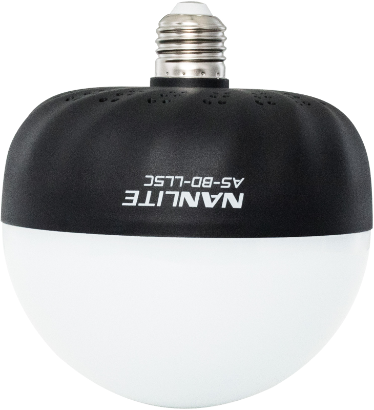 Round LED NANLITE Bulb Diffuser for LitoLite 5C with black top, white bottom and AS-BD-LLC model printed upside down on the black part.
