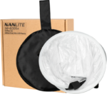 NANLITE Soft Box for 600SA/CSA/DSA LED Panels on esillä ruskean pakkauksen vieressä, ja pehmeä laatikko on avattu niin, että sen valkoinen sisäpuoli ja musta ulkopuoli paljastuvat.