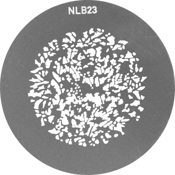 800q-04_117970 PJ-BM:n NANLITE GOBO Set 2:ssa on pyöreä harmaa levy, jonka yläosassa on merkintä "NLB23" ja jonka keskellä on epäsäännöllinen valkoisten muotojen rypäs, joka muistuttaa abstraktia tai solukuviota.