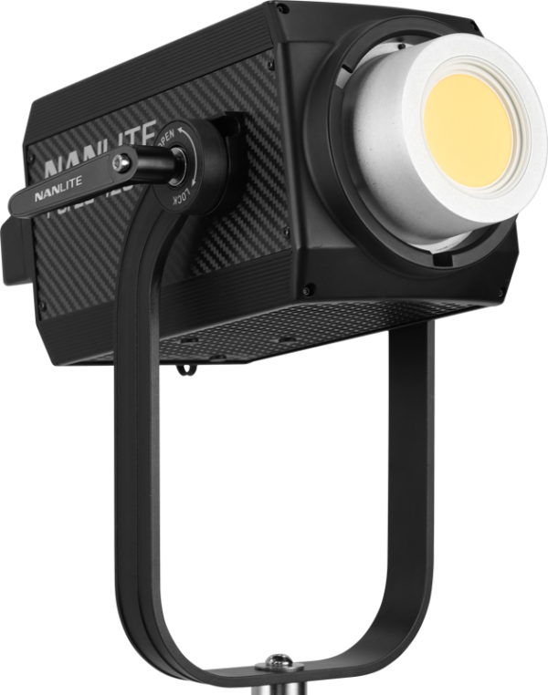 Mounted on a U-shaped adjustable bracket, the NANLITE Forza 720 LED Spot Light with amber LED is visible against a plain background. Comes with a trolley case.