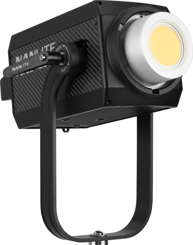 Mounted on a U-shaped adjustable bracket, the NANLITE Forza 720 LED Spot Light with amber LED is visible against a plain background. Comes with a trolley case.