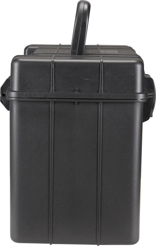 The NANLITE CC-P-38 Hard Case is a black, hard shell case with top handle, side view. It features reinforced edges and a ribbed design for added durability.