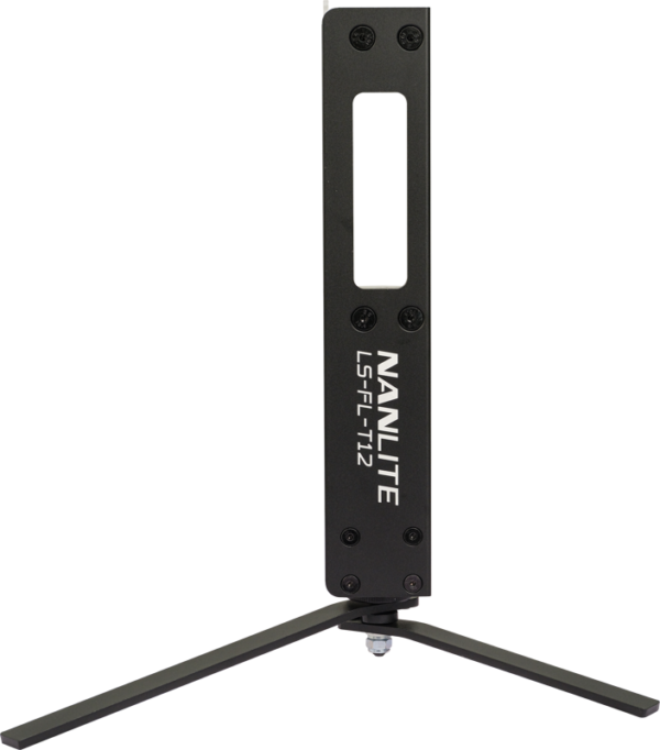 The NANLITE Floor Stand for Tube Light T12 is a black stand with a vertical support beam and two horizontal legs designed to hold T12 tube lights securely.