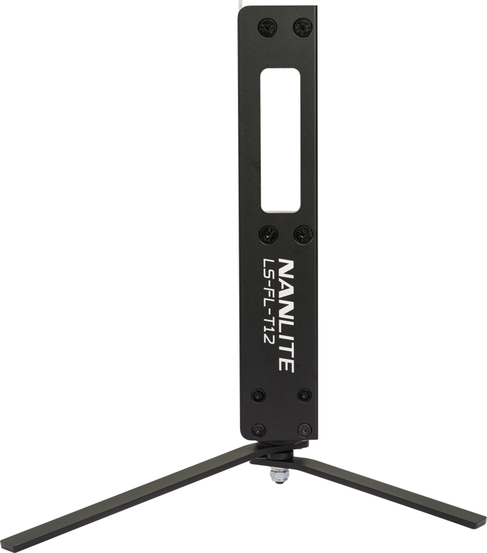 The NANLITE Floor Stand for Tube Light T12 is a black stand with a vertical support beam and two horizontal legs designed to hold T12 tube lights securely.