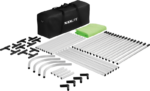 NANLITE LG-3522U U-Frame Green Screen Kit on esillä valkoisella pohjalla, ja sen merkkikantolaukku, taitettu vihreä näyttö, valkoiset metallitolpat, mustat T-liittimet ja kaarevat liittimet on järjestetty siististi.