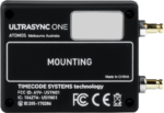 The black ATOMOS Ultrasync One time code device, labelled MOUNTING, displays the specifications, with the ports on the right and the certification logos at the bottom.