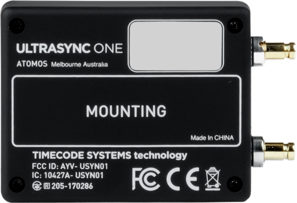 The black ATOMOS Ultrasync One time code device, labelled MOUNTING, displays the specifications, with the ports on the right and the certification logos at the bottom.