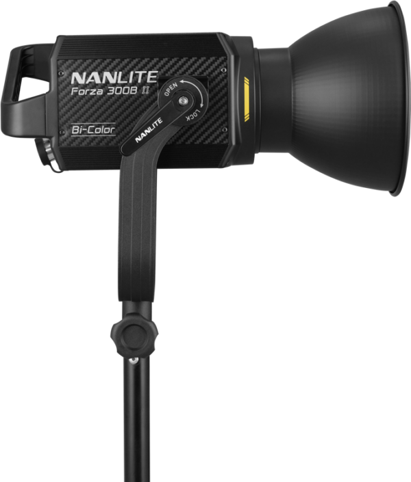 The NANLITE Forza 300B II Bicolor LED Spot Light is mounted on a stand in the side view, showing its control dial and brand name.
