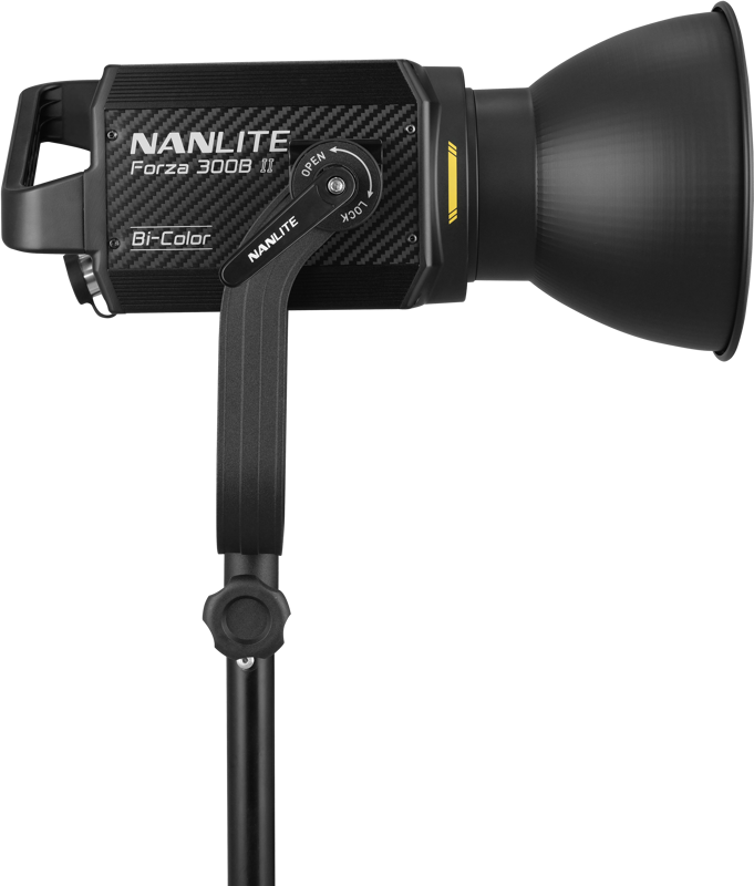 The NANLITE Forza 300B II Bicolor LED Spot Light is mounted on a stand in the side view, showing its control dial and brand name.