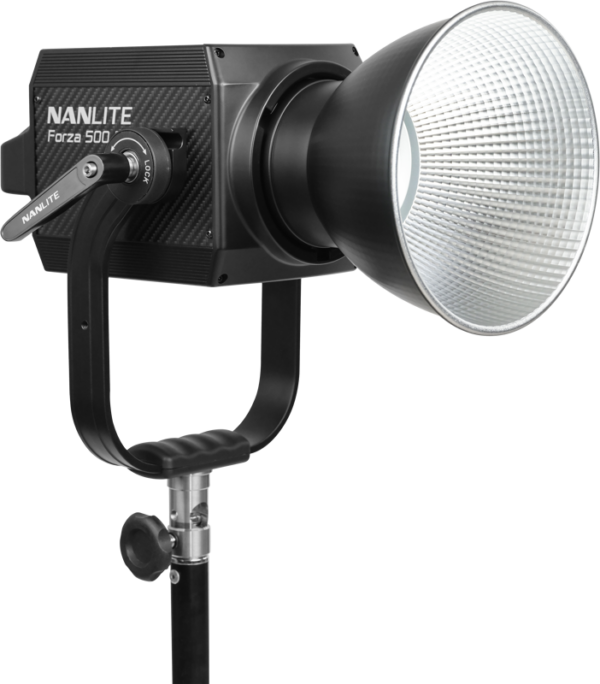 NANLITE Forza 500 II Daylight LED Spot Light with large reflector on a black stand, ideal for professional photography and videography.