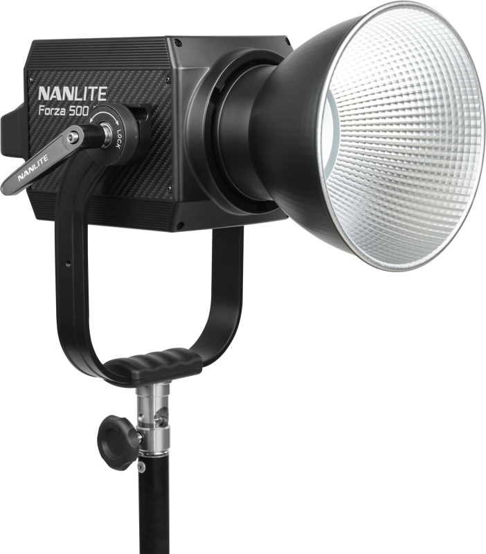 NANLITE Forza 500 II Daylight LED Spot Light with large reflector on a black stand, ideal for professional photography and videography.